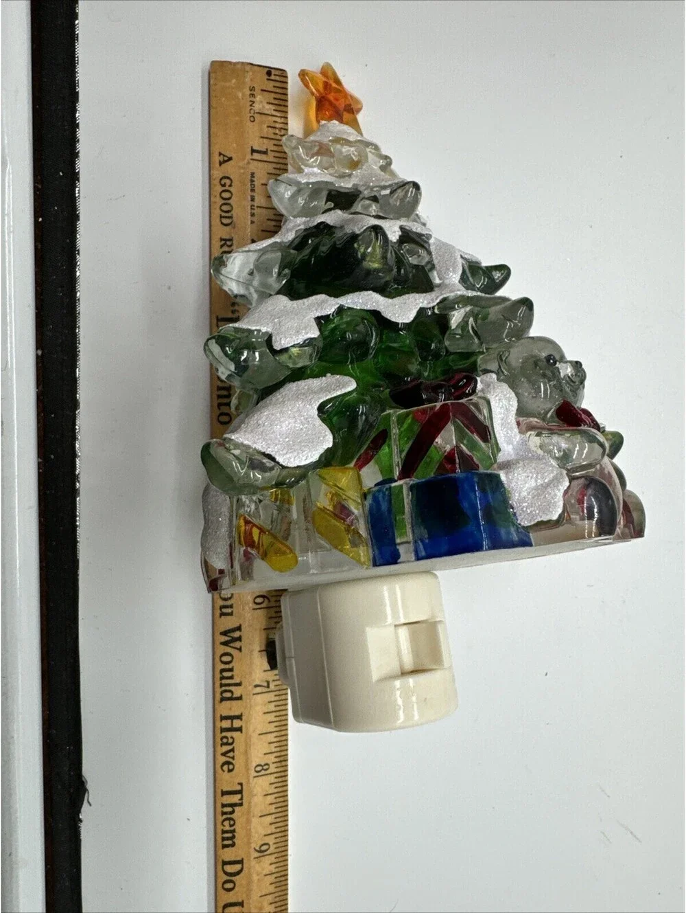 Christmas Tree Night Light Presents Teddy Bear Acrylic Plastic Glitter Snow 6”